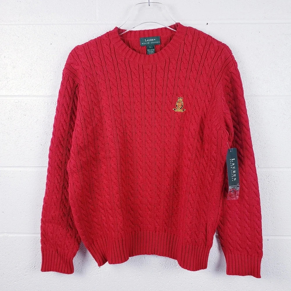 Lauren Ralph Lauren Sweater Red Cable Knit Crest Logo Cotton Womens‎ Size Large